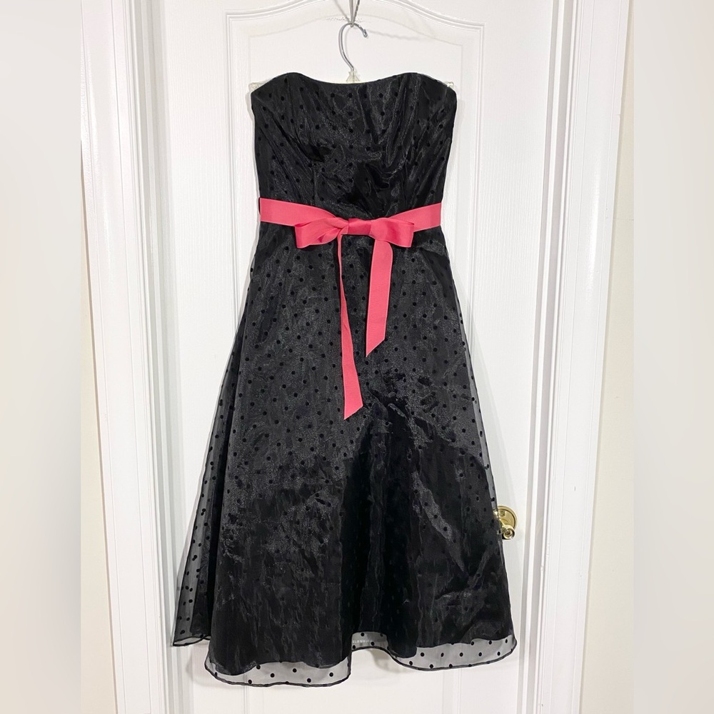 Vintage Betsy & Adam USA MADE Organza Polka Dot Strapless Black Dress Pink Sash